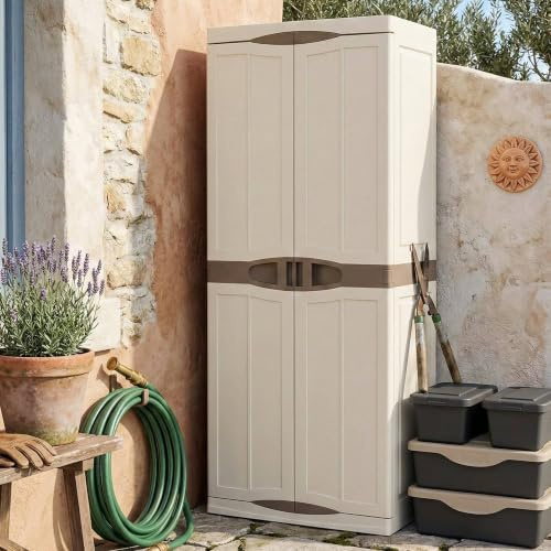 Dmora - Avelgem Outdoor-Garderobe, Mehrzweck-Balkongarderobe, 2-türiger Besenschrank, 100% Made in Italy, 70 x 47 x 178 cm, Beige und Braun, Elegantes Finish