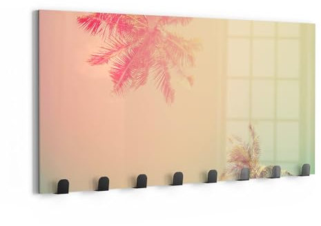 DEQORI Wandgarderobe Glas & Metall | Motiv Tropische Pastelltöne | 60x30 cm | Design Haken-Leiste modern | Garderoben-Paneel für Flur, Wohnzimmer & Schlafzimmer | magnetisch & beschreibbar