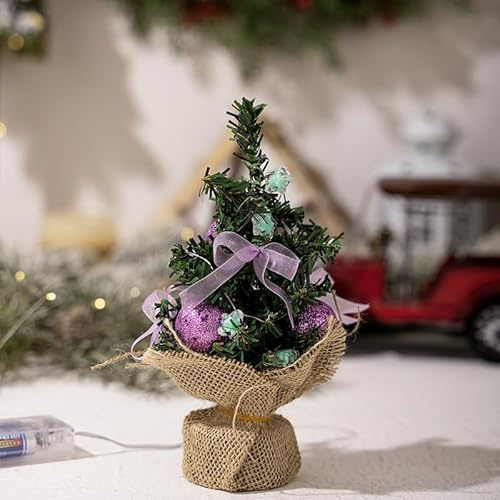 Youning Mini Weihnachtsbaum 20cm Kleiner Weihnachtsbaum mit Beleuchtung LED Tisch Weihnachtsbaum Klein Künstlich Geschmückt für Weihnachtsdeko Mini Tannenbaum mit Led Lichterkette (1PC Violett)