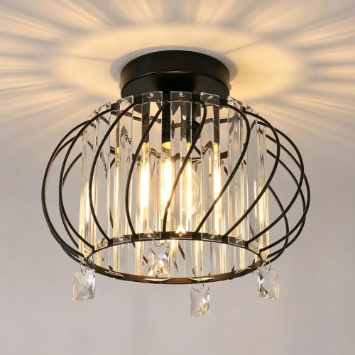 ANWIO Black Crystal Light Shade,Light Fittings Ceilings,Chandelier Lampshade,Ceiling Lights Living Room,Led Kitchen Chandeliers,Hallway Lights Ceiling(E27 Base,NO Bulbs,LAMP DIAM 28CM)