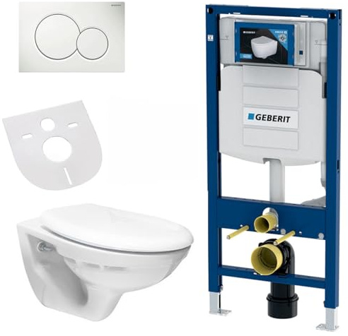 Belvit Ensemble WC suspendu blanc sans rebord avec siège Softclose, Geberit UP100, isolation acoustique et plaque de commande