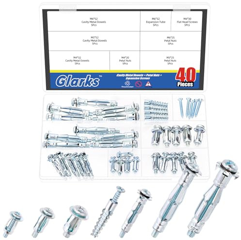 Glarks 40pcs Hohlraum Metall Anker und Expansionsschrauben Sortiment Kit, M4 M5 M6 Blütenmutter, Hohl Tür Anker mit Phillips Schraube für Metall Hohl Befestigungen und Gipskartonwanden