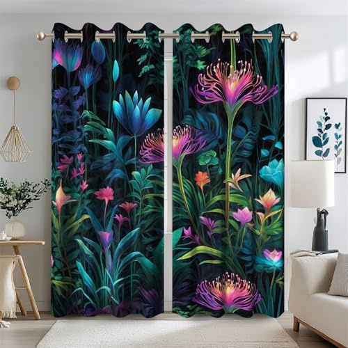 Ttincceer Verdunkelungsvorhänge mit Blumenmotiv 117x138cm Schlafzimmer magischer Zauberwald wärmeisolierende Vorhänge lila Blütenblätter botanische Fensterdekoration 2-teilig