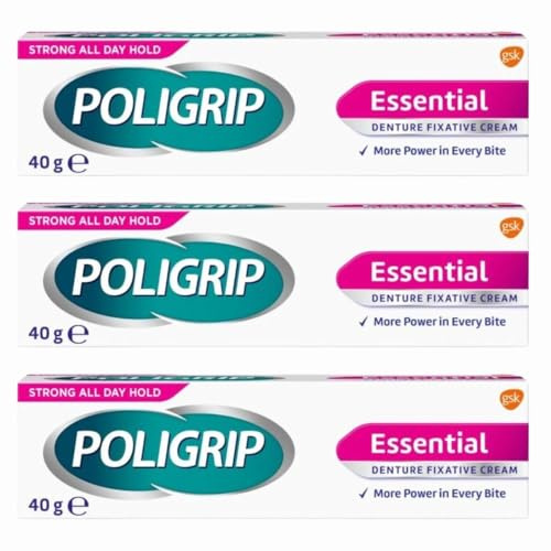 Poligrip Essential Denture Fixative Cream 40g x 3, All-Day Hold & Comfort – Zinc-Free Formula – Helps Seal Out Food – Strong Denture Adhesive with Welari Thank You Card | (3 Pack)