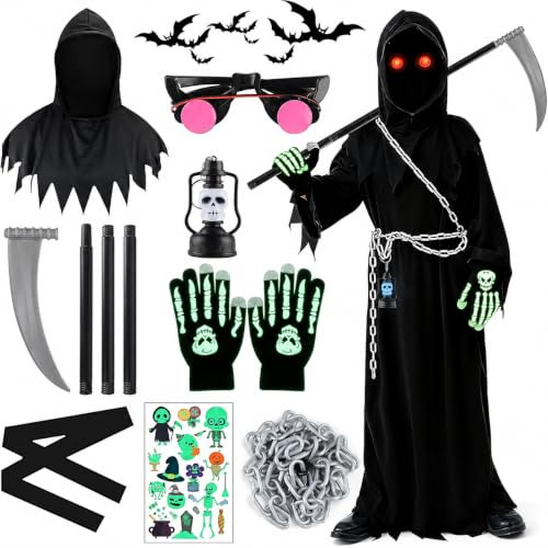 TOYTOPIE Costume Halloween Bambino, Vestito Mietitore Pauroso con Falce, Occhiali Luminosi e Guanti Scheletro, per Ragazzi e Ragazze (5-10 Anni), Ideale per Halloween Feste e Spettacoli Teatrali