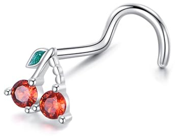 HUKKUN Cherry Nose Stud Sterling Silver Fruit Corkscrew Nose Ring 20 Gauge Cherry Piercing Jewellery Gifts for Women