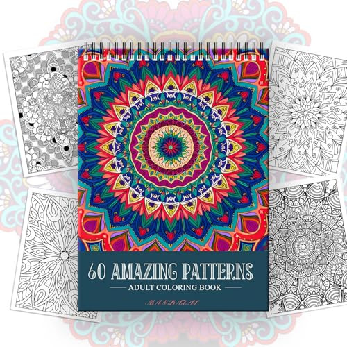 Mandala Colouring Book, Adult Colouring Books, 60 Unique Mandala Designs for Stress Relief Relaxation, Spiral Bound Coloring Books for Adults, One-Sided Printing, Anxiety Relief Gifts for Women Men