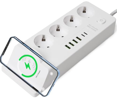 Ciabatta elettrica multifunzione con 4 prese AC, un pad di ricarica wireless e 4 porte USB-A e 2 porte USB-C (bianco)