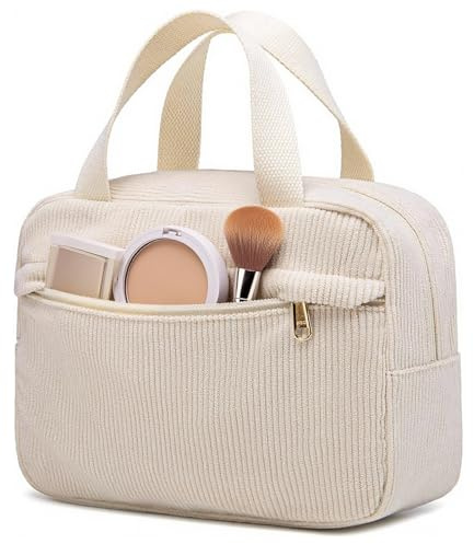 Dwitkul Trousse de Toilette pour Femmes Trousse de Toilette en Velours côtelé Trousses de Maquillage avec Plusieurs Compartiments pour Les Voyages Filles Femmes (Beige)