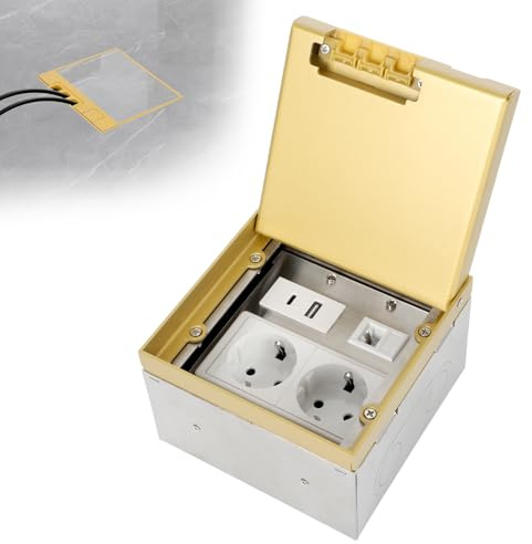 Btstil Prise de sol pour réservoir de sol - Prise encastrable en acier inoxydable doré - Boîte encastrable étanche avec 2 AC+USBA+C+1RJ45 - Prise encastrée en acier inoxydable pour sol (doré)