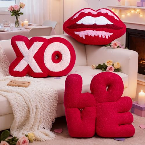 Lanpn Lot de 3 Pièces Coussins Saint-Valentin, Lèvres Coussin décoratif en peluche XO Love 3D Coussin Décoration Canapé pour Salon Chambre à coucher Canapé Lit Décorations de la Saint-Valentin (Rouge)