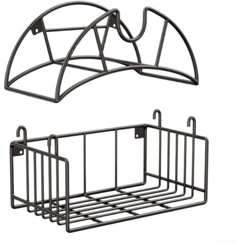 Yuanpgky Soporte para manguera de jardín de montaje en pared con cesta de almacenamiento de herramientas, organizador de manguera de agua de metal resistente para uso al aire libre y jardín, diseño