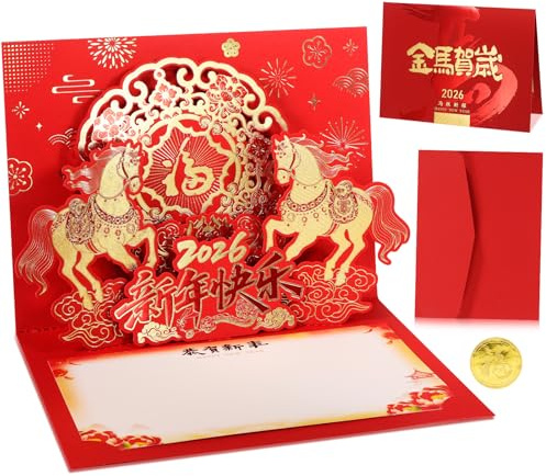 HOWAF Happy Chinese New Year Card 2026, Year of The Horse 3D Pop Up, Lunar New Year Greeting Cards with Envelope Good Luck for Spring Festival 2026, Lunar Chinese New Year Gift