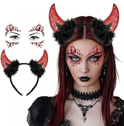 JOYEASE Karneval Halloween Deko Teufelshörner Haarreif Glitzersteine Gesicht, Teufel Hörner Haarschmuck Kopfschmuck Fasching Damen Herren Kinder, Teufel Kostüm Zubehör