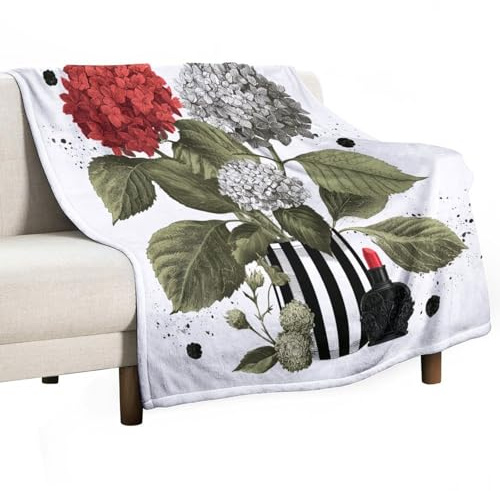 Hydrangea Vase Cozy Flannel Throw Blanket 70×80, Floral Plants Lipstick Watercolor Lightweight Blankets for Couch, Bed & Sofa, All Season Soft Fleece Blanket for Travel, Office