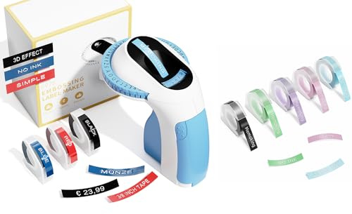 Memoking Blau Beschriftungsgerät Prägegerät E975 Kombination mit 3D Prägegerät Etiketten (2 Schwarz + 1 Blau + 1 Rot + 1 Hellblau + 1 Lila + 1 Rosa), Handgerät Etikettiergerät für Haus, DIY