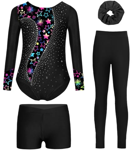 Freebily Enfant Fille Justaucorps Gymnastique Patinage Avec Short Legging Chouchou Elastique Ensemble Sport Gym Cours Spectacles Noir 7-8 ans