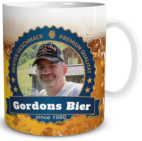 TRIOSK Personalisierte Bier Tasse in Bierglas-Optik mit Namen & Foto - Lustiges Geschenk für Bierliebhaber, Männer, Freunde & Kollegen - Geburtstag & Vatertag - Keramik 300 ml, Blau