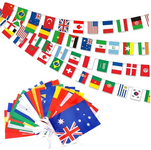 World Flags Banner, 100 Vibrant Country Flags Polyester String for Soccer Parties, Bars & International Decor.