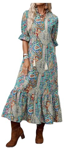GORGLITTER Women's Bohemian Paisley Midi Dresses Half Sleeve Fringe Tie Neck Flared Ruffle Shirt Dress Cowgirl Outfits Green M