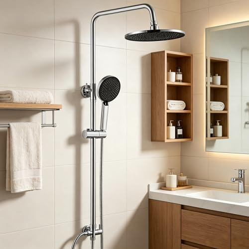 Auralum Regendusche ohne Armatur, Edelstahl Duschsystem mit Messing-Wasserteiler, Ø250mm Überkopfbrause Duschset, Badezimmer Dusche Komplett Set, Duschgarnitur mit Regendusche, Chrom