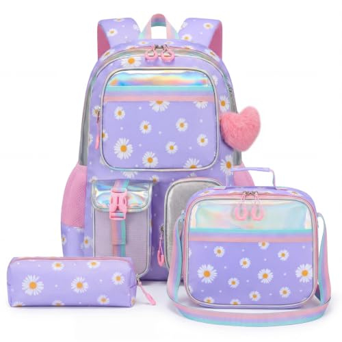 Amythe Cartable École Filles Classes de 3 à 10 3 pièces Set, Violet | 3 pièces Grand Imperméable Respirant Violet Daypack Multi-Poches Spacieux Robuste pour École Voyage Randonnée Loisir