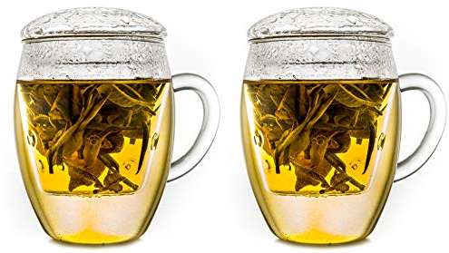 Creano Lot de 2 verres à thé tout-en-un avec filtre et couvercle dans une pratique, UNE théière idéale | 400ml