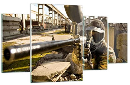 Mehrteilige Bilder auf Glas 160x90cm Glasbild Paintball Pistole Spieler Groß XXL Wanddeko Schlafzimmer Küche Set 4 teilige Wandbilder Dekoration Wohnzimmer Modern Wand Kunstdruck Art GDL160x90-0140
