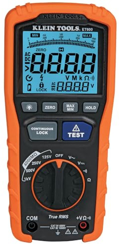 Klein Tools ET600 Multimeter, Megohmmeter Insulation Tester, 4000 Ohms Resistance, 125V/250V/500V/1000V, Auto-Ranging TRMS Multimeter