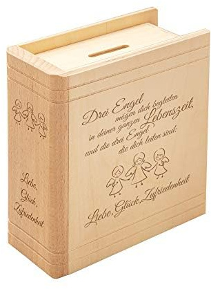 Casa Vivente Spardose aus Holz in Buchoptik mit Gravur, Sparbüchse mit Engel Motiv, Geschenkidee zur Konfirmation und Kommunion