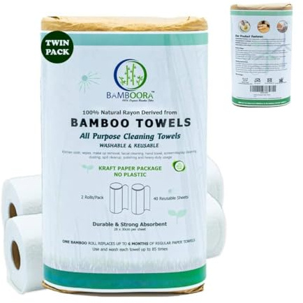 Reusable Bamboo Rayon Towels - Pack of 2 Washable Kitchen Paper Towels - Lint free, Zero Waste, Recyclable, 2x20 Heavy Duty Organic Washable Rolls