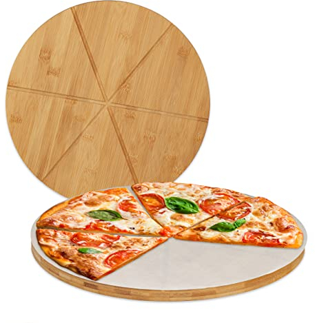 Relaxdays 2 Tablas para Pizza, Plato Cortar y Servir Tortilla, con Ranuras, Redondo, Ø33cm, Papel Horno, Bambú, Natural