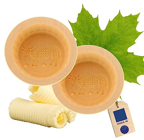 Lot de 2 moules à beurre HOFMEISTER® - Pour beurre de 250 g - 11 cm - En forme de vache - Fabriqué à la main en Allemagne - Forme ronde - En bois d'érable local