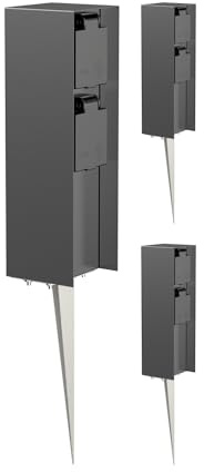 ledscom.de 3X Garten-Steckdosen-Säule POMI mit Erdspieß für außen, IP44, 2-Fach, anthrazit, eckig, 23cm