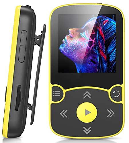 AGPTEK MP3 Player Bluetooth 5.3 Sport 32GB mit 1,5 Zoll TFT Farbbildschirm, Mini Musik Player mit Clip, unterstützt bis 128GB TF Karte, mit unabhängiger Lautstärketaste, FM Radio, Schrittzähler, Gelb