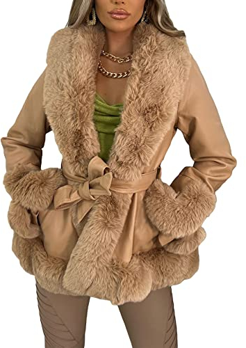 Owegvia Damen dicken warmen Kunstpelz Strickjacke Lederjacke Plüsch Kragen Manschetten vorne offen Strickjacke Mantel Pu Outwear mit Gürtel Streetwear (Braun, S)