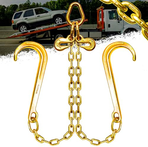 YATOINTO Catena di traino 5/16 X 2 'V-Type con 15 pollici J-ganci e ganci a benna, Briglia catena di traino in acciaio G80, Cravatta per camion demolitore auto trattore zincato giallo, 2,2 kg carico