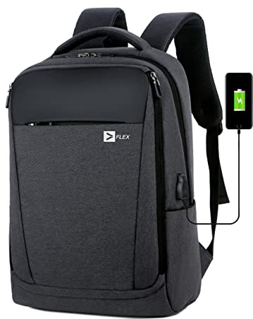 Flex Waterproof Laptop Backpack Business Bag Stylish College Rucksack Fits 15.6 inch Laptop Multicompartment Bag for Men Women with USB portal and Trolley Sleeve Padded Shoulder Adjustable Belt Black