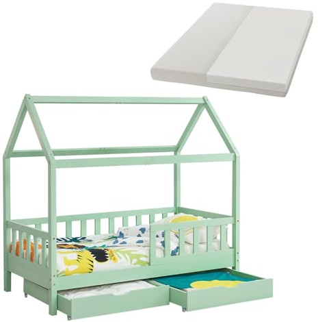 Juskys® Kinderbett Marli 90 x 200 cm mit Matratze, Bettkasten, Rausfallschutz, Lattenrost & Dach - Massivholz Hausbett für Kinder - Bett in Mint
