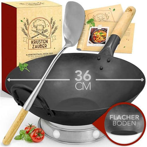 KRUSTENZAUBER Padella wok a induzione, da 36 cm, con paletta per wok e wok ring, per induzione, woklette, accessori, acciaio al carbonio