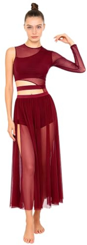CHICTRY Lyrisches Kleid Damen Modern Dance Tanzkleid EIN Schulter Ballettkleid Cut Out Body Mesh Patchwork Trikot Mit Chiffon Schlitz Rock Dancewear