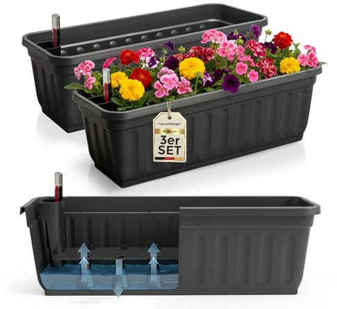 Hausfelder Balkonkasten, 3er Set, Anthrazit-Schwarz | Hausfelder Blumenkasten mit Bewässerungssystem & Wasserstandsanzeiger, Pflanzkasten für Balkon Geländer Indoor Outdoor