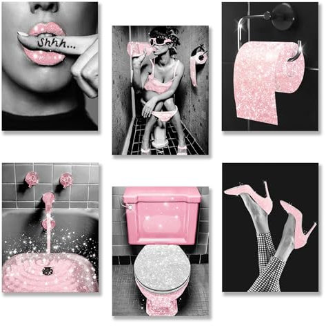 OPUHOHR 6 Pièces Arts Murals Modernes Femmes Affiche toile rose (20 x 30 cm), Murale décoration salle bain, Talons hauts organiser les lèvres citations mode logo salle bain(Sans Cadre)