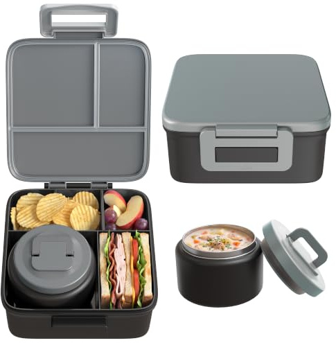 MAISON HUIS Bento-Lunchbox mit 237 ml Suppen-Thermo, auslaufsicherer Behälter mit 5 Fächern, Thermobehälter für heiße Speisen und isolierte Lunchtasche, BPA-frei, für Reisen, Schule (grau)