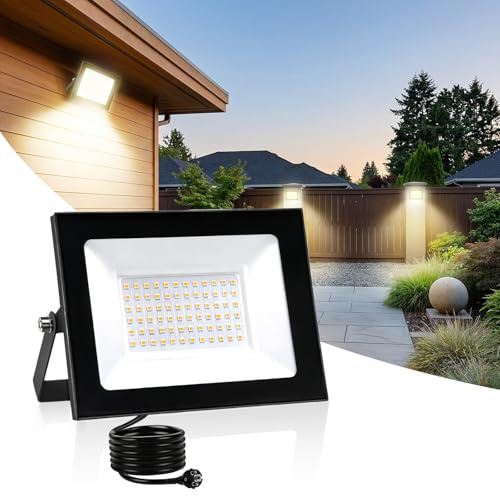 Hopelit LED Strahler, 50W Led Strahler Außen Warmweiß Licht, Superhell LED Fluter mit Stecker, IP66 Wasserdicht LED Außenstrahler für Garage, Patio, Sportplatz etc.