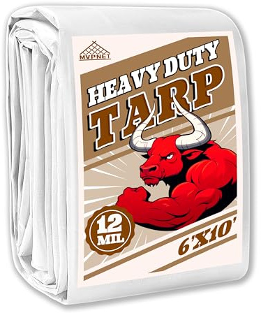 Tarp 6x10 ft Heavy Duty 12mil 100% Waterproof High Durability Multipurpose,Uv Resistant,White Tarp Suitable for Swimming Pools, Boats, Camping, Courtyards, Etc -by MVPNET