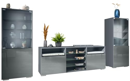 Vladon Wohnwand Granada, Anbauwand bestehend aus 2 Vitrinen und 1 TV-Board, Anthrazit matt/Grau Hochglanz (286 x 122,5 x 35 cm)