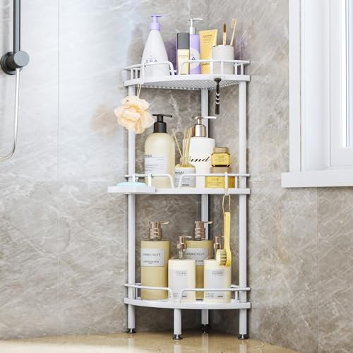 SWTYMIKI Duschablage ohne Bohren Ecke - 3 Stück Duschregal Stehend mit Seifenablage & 4 Haken, Duschablage Freistehend Badezimmer Organizer/Duschregal Ohne Bohren für Shampoo und Duschgel, Weiß