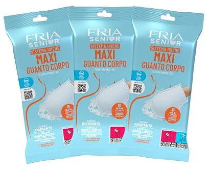 Manopole Saponate – Guanti Igiene Corpo - Azione Detergente ed Emolliente - Con Pantenolo e Allantoina - Senza Bisogno di Risciacquo - Formato: 8 Guanti Corpo - FRIA Senior (Confezione da 3)