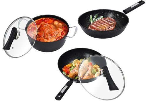 Scheffler - Set di padelle Wok, 24/24/32 cm, con manico antiaderente e coperchio per tutti i piani cottura